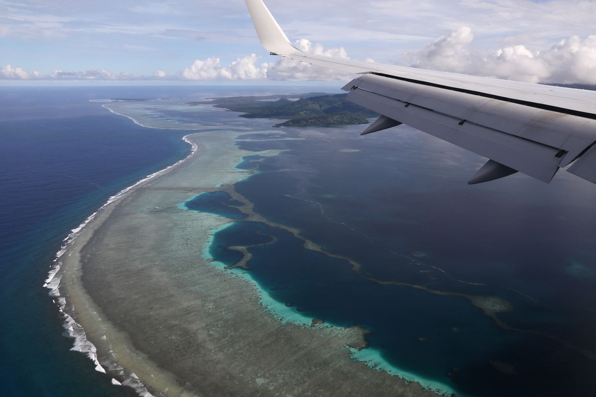 U.S. Secretary of State Mike Pompeo's plane makes its landing approach on Pohnpei International Airport in Kolonia, Federated States of Micronesia August 5, 2019.
